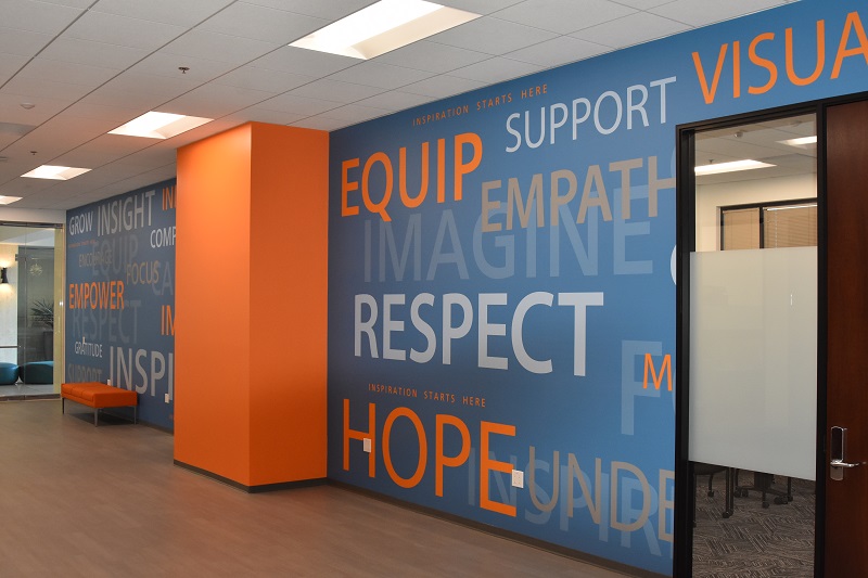 Blue and orange walls with inspirational words