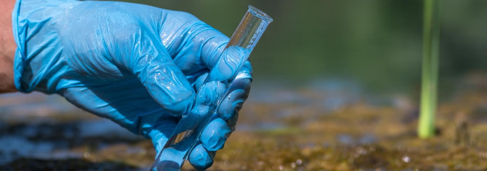 Gloved hand holding vial sampling water