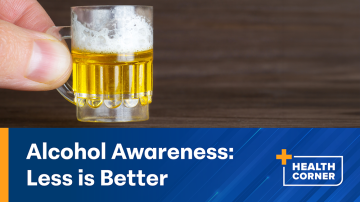 Alcohol Awareness: Less is Better graphic (fingers holding small mug of beer)
