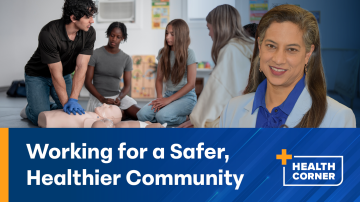 working for a safer, healthier community banner featuring dr. shaikh and people learning cpr