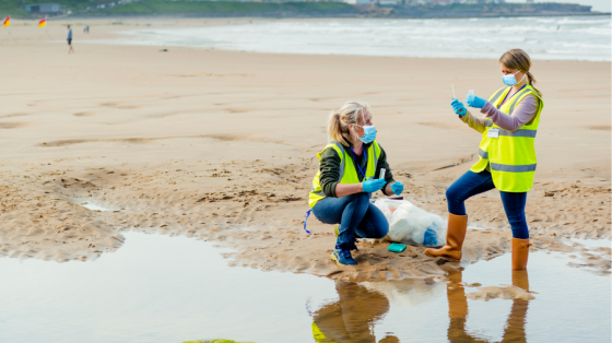 People in yellow vests cleaning up a beach