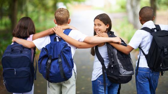 Back view of school kids walking arm in arm to school