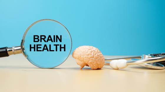 magnifying glass stating "brain health", a brain model, and stethoscope